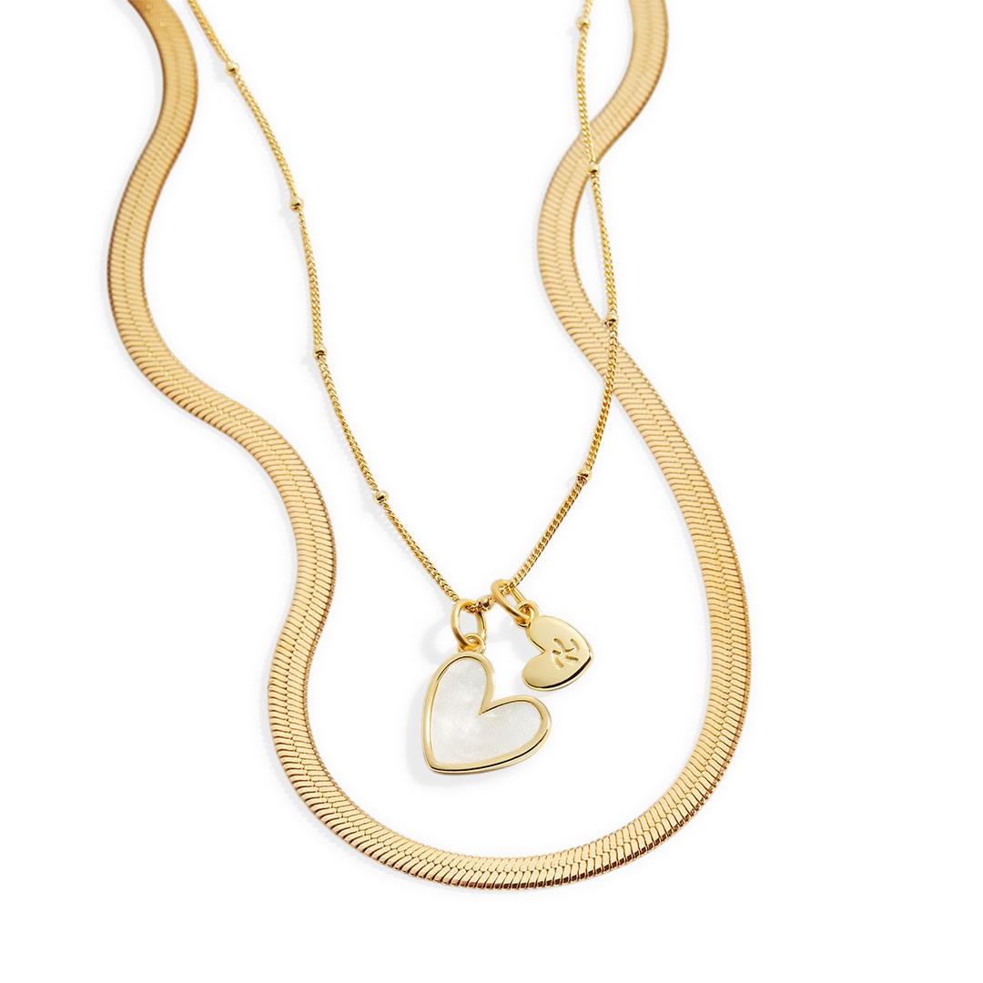 Mother Of Pearl Initial Heart & Herringbone Necklace Set