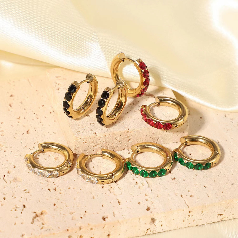 Chunky Gemstone Huggie Hoop Earrings - Black Diamond