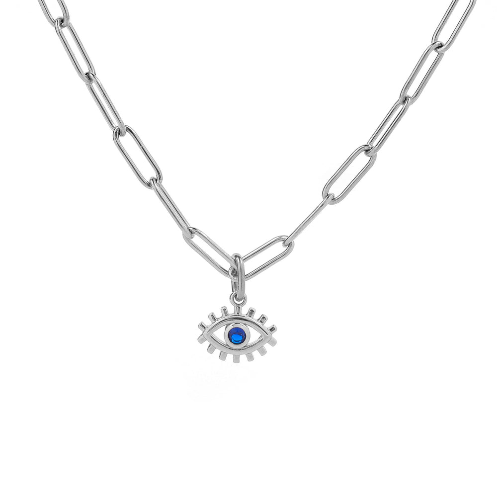 Evil Eye Charm Pendant Necklace with Paperclip Chain - 925 Sterling Silver