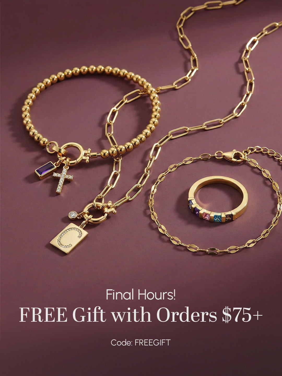 Gold jewelry set with necklace and ring on a purple background, promotional text for free gift with orders.