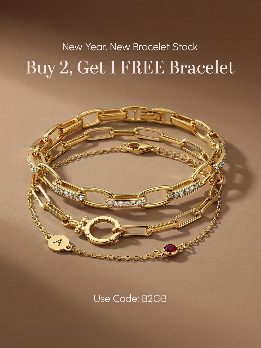 Gold bracelet stack on a brown background with promotional text.