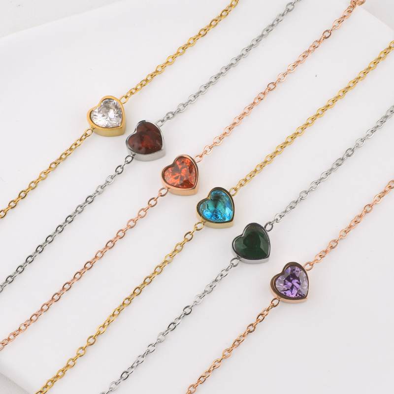 Dainty Heart Birthstone Bracelet - 18k Gold Plated / January