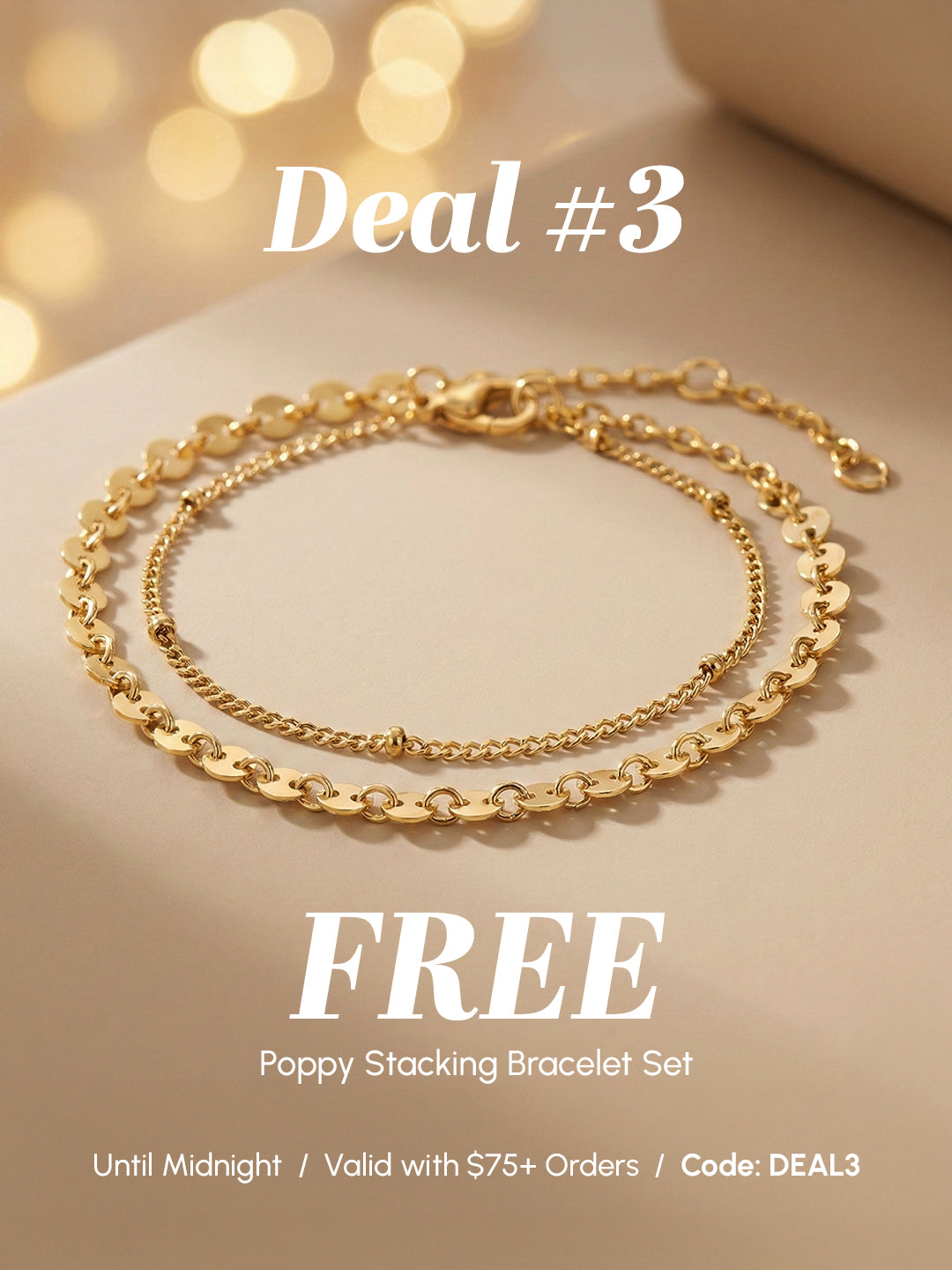 Gold stacking bracelets on a beige surface with promotional text overlay.