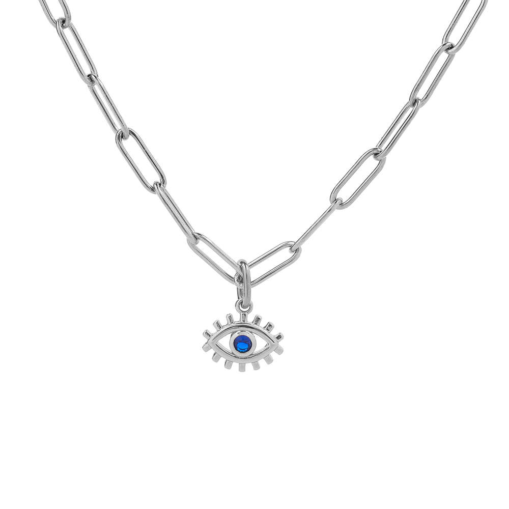 Evil Eye Charm Pendant Necklace with Paperclip Chain - 925 Sterling Silver