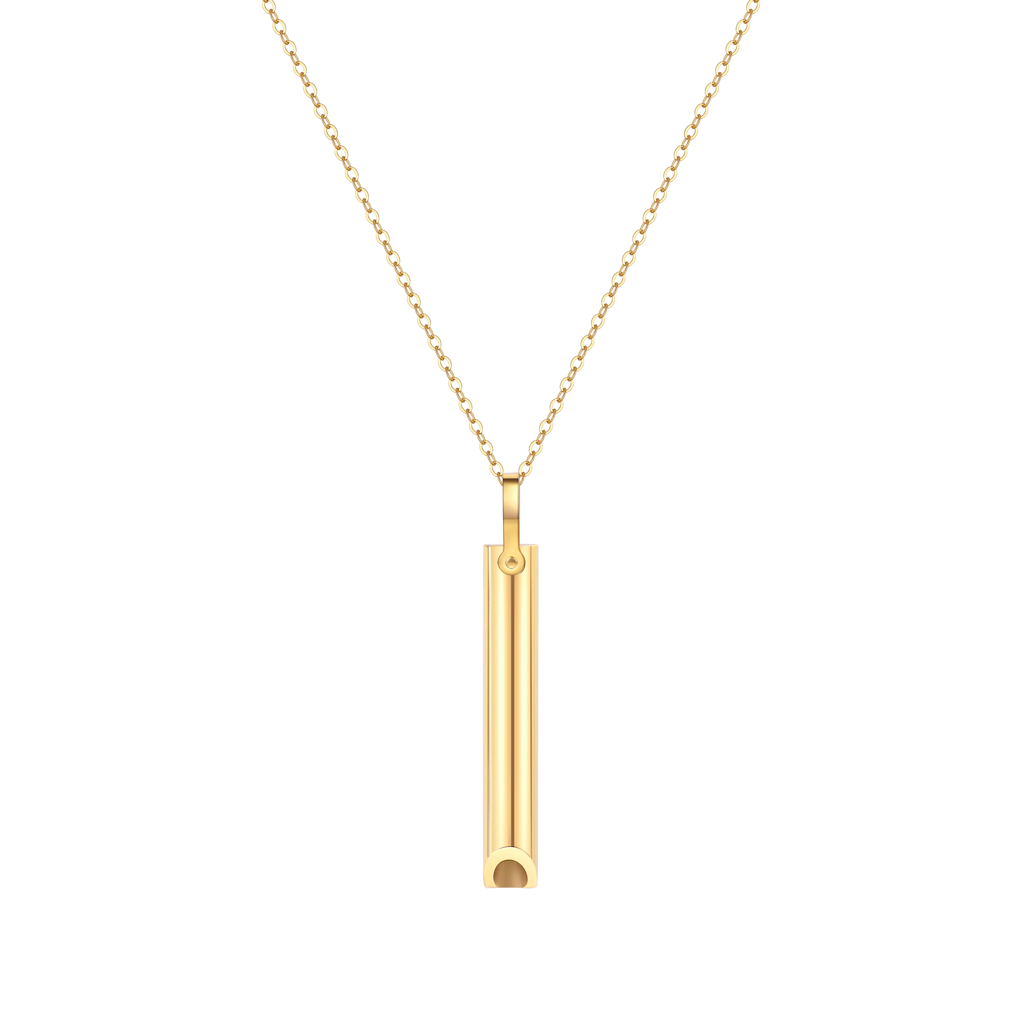A gold-colored stainless steel necklace with a high polish finish, featuring a minimalist design with a pendant support.