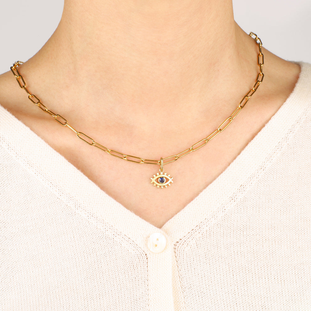 Evil Eye Charm Pendant Necklace with Paperclip Chain - 18k Gold Over Sterling Silver