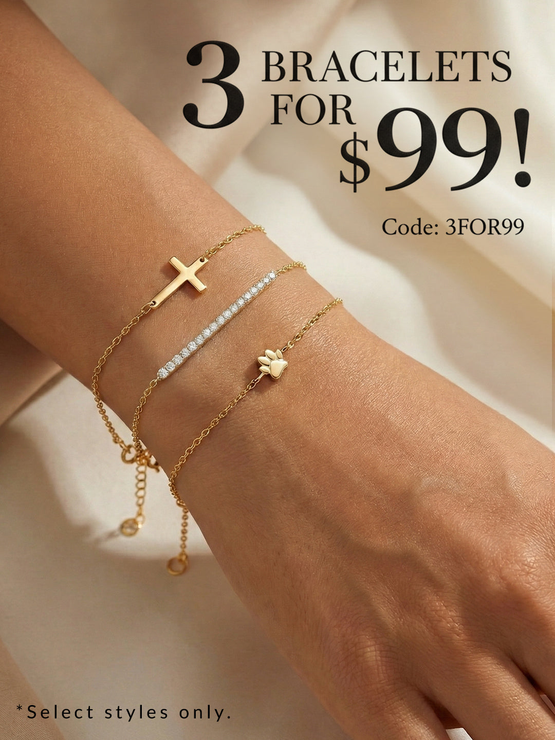 Three gold bracelets on a wrist with promotional text overlay.