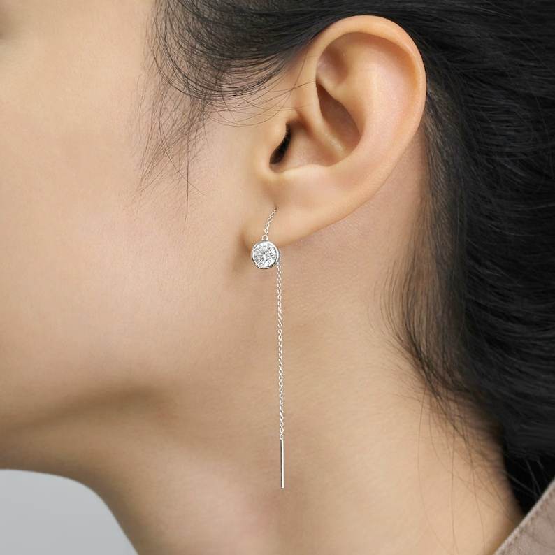 Moissanite Bezel-Set Pull Through Drop Earrings - Default Title