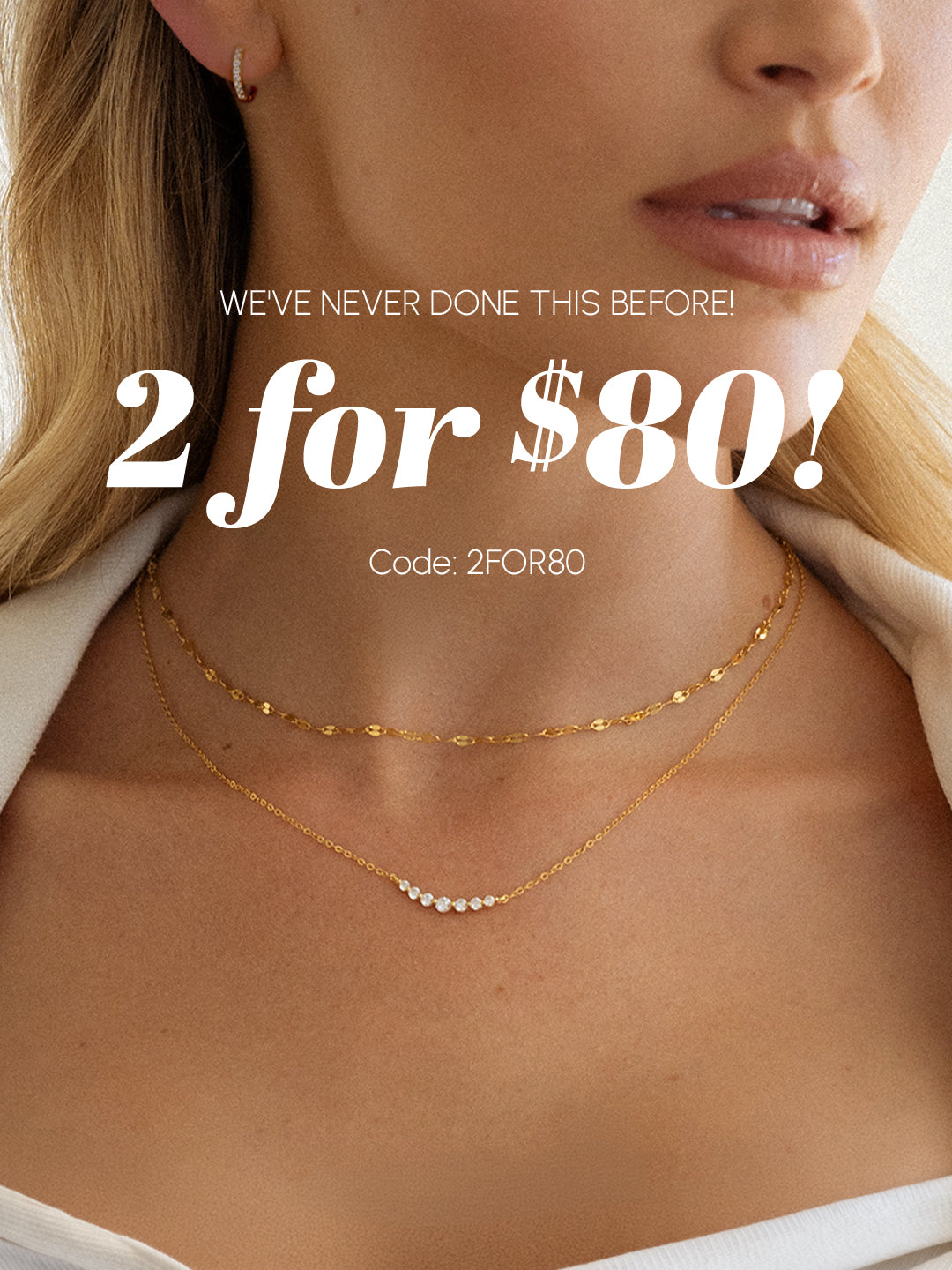 Close-up of a woman wearing gold necklaces with promotional text overlay.