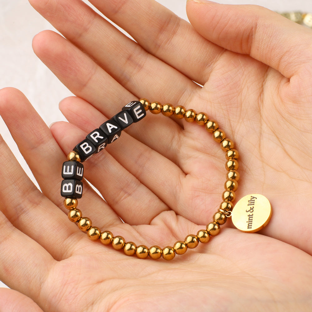 Custom Waterproof Gold Beaded Friendship Bracelet - Black Letter Beads / Medium - 7"