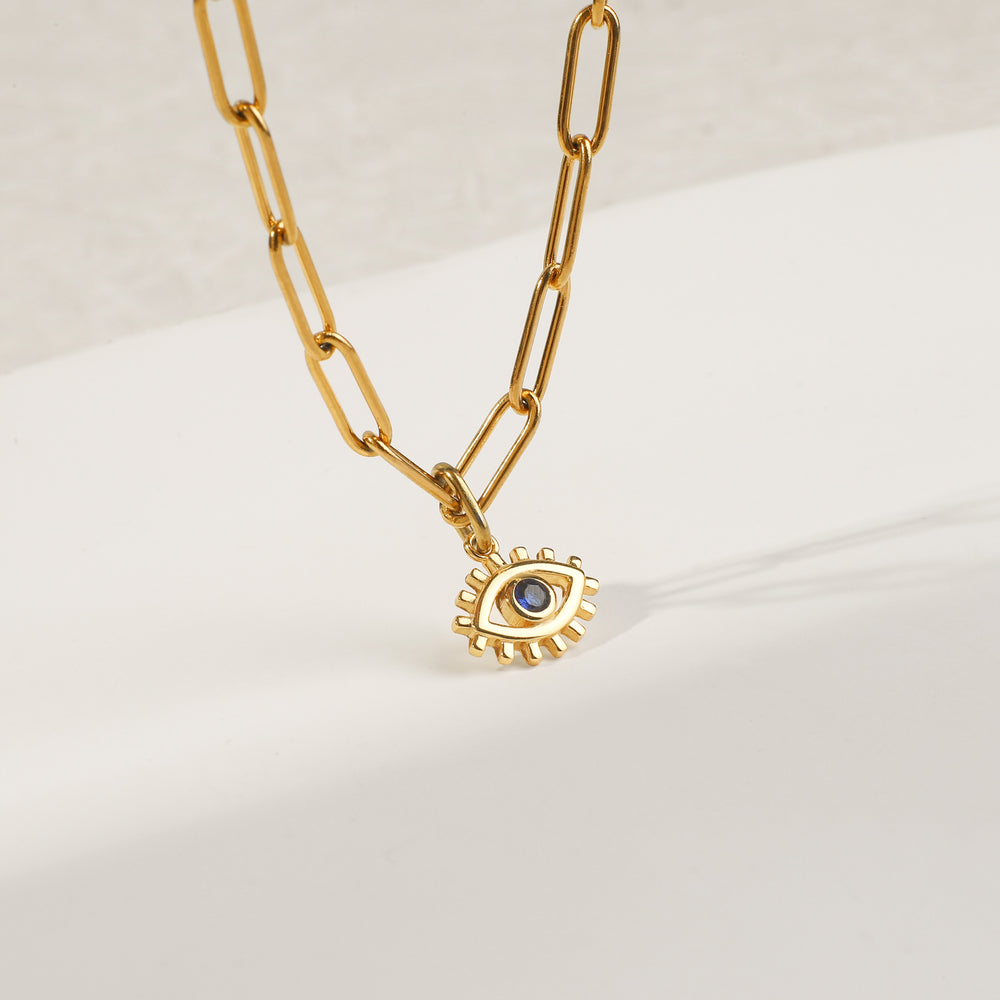 Evil Eye Charm Pendant Necklace with Paperclip Chain - 18k Gold Over Sterling Silver