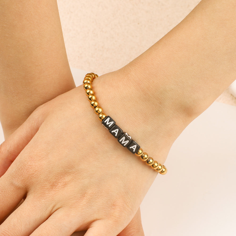Custom Waterproof Gold Beaded Friendship Bracelet - Black Letter Beads / Medium - 7"