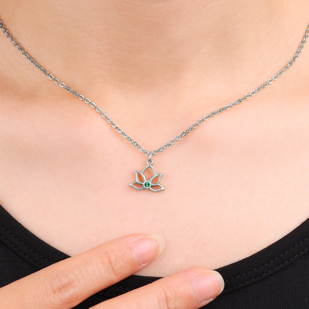 Mini Lotus Birthstone Pendant Necklace - Silver / September Sapphire