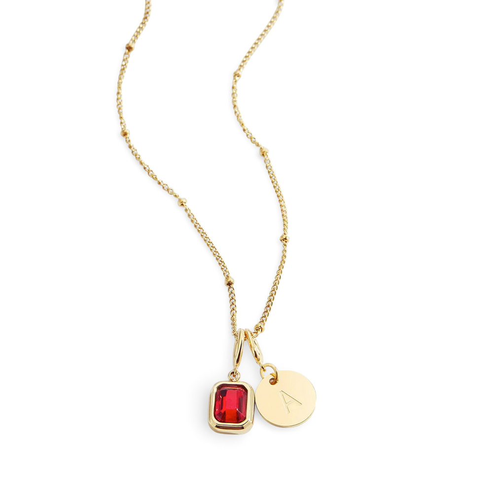Baguette Birthstone & Initial Necklace - 18k Gold Plated / January Garnet