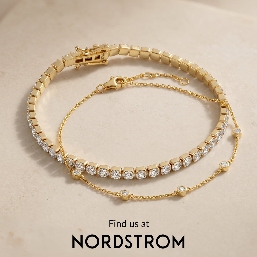Gold bracelet with diamond accents on a beige background, Nordstrom branding visible.