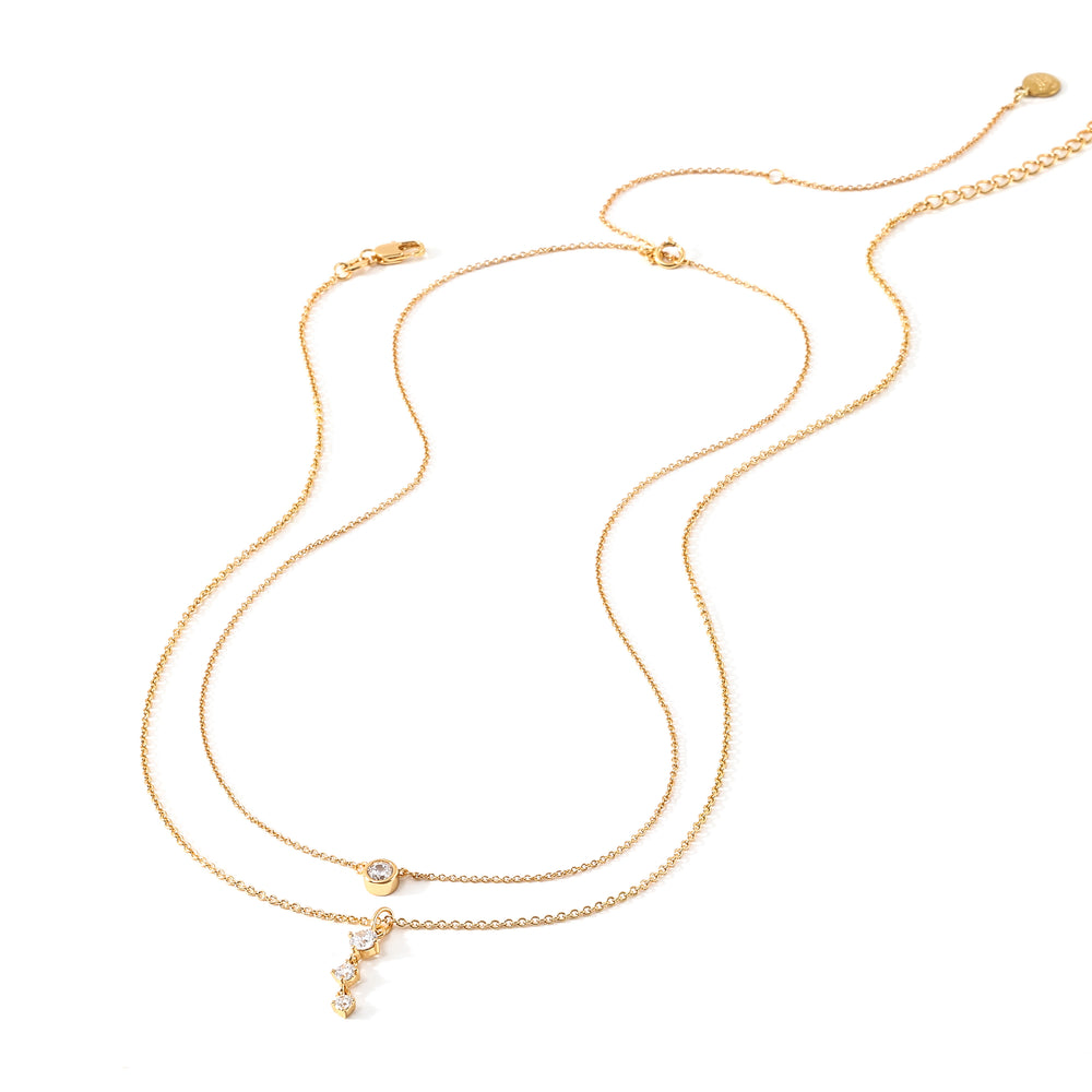Classic Bezel Solitaire & Three Stone Drop Necklace Bundle - Gold