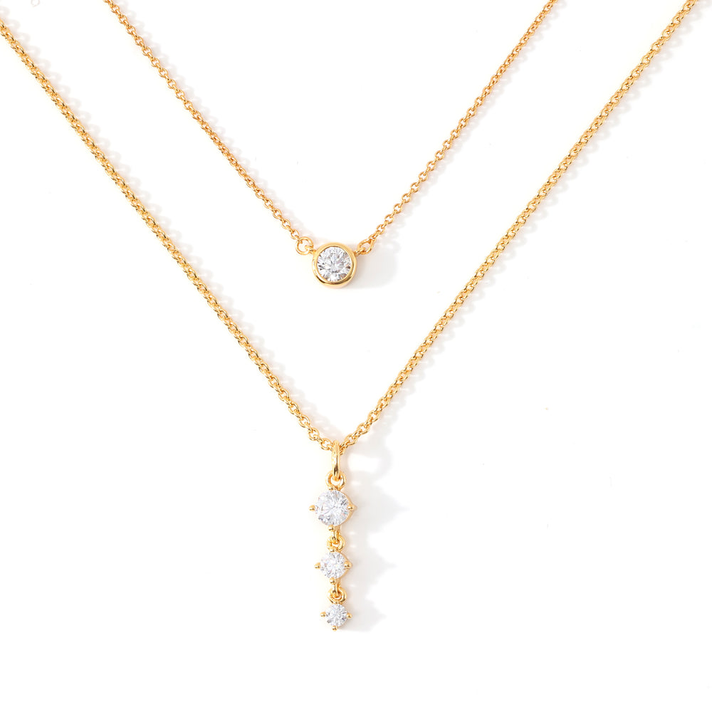 Classic Bezel Solitaire & Three Stone Drop Necklace Bundle - Gold