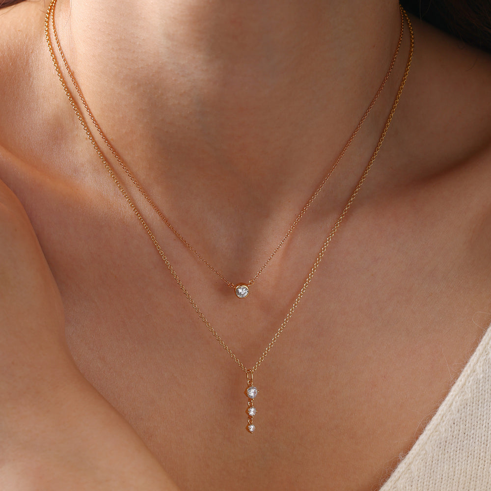 Classic Bezel Solitaire & Three Stone Drop Necklace Bundle - Gold