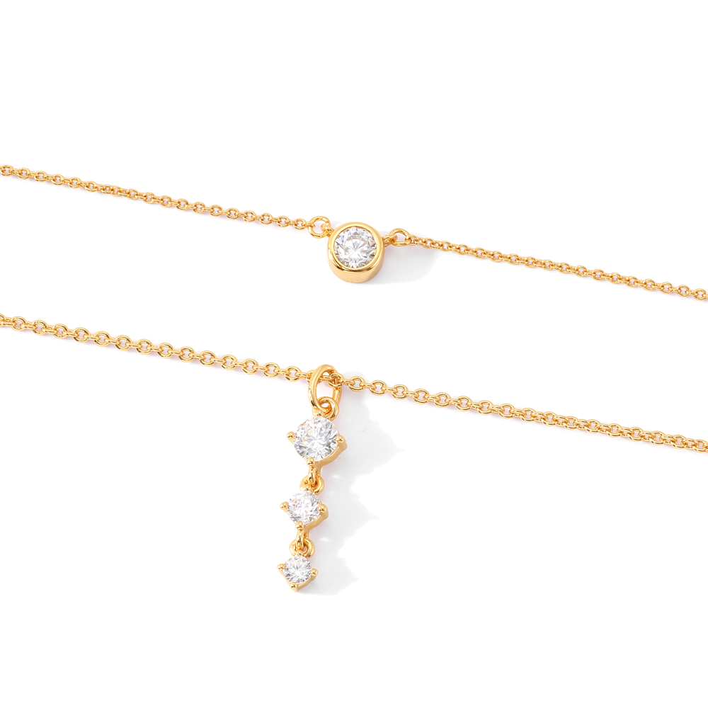 Classic Bezel Solitaire & Three Stone Drop Necklace Bundle - Gold
