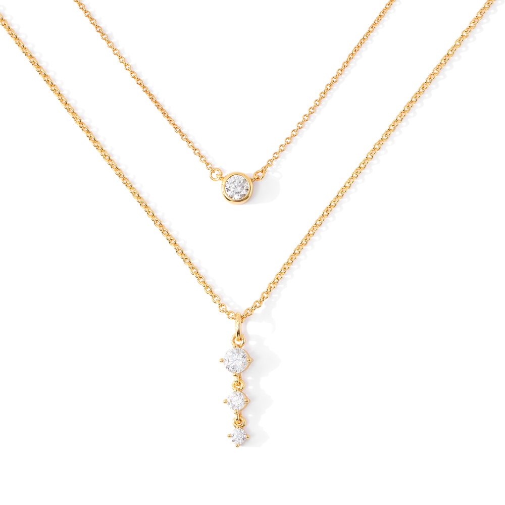 Classic Bezel Solitaire & Three Stone Drop Necklace Bundle - Gold
