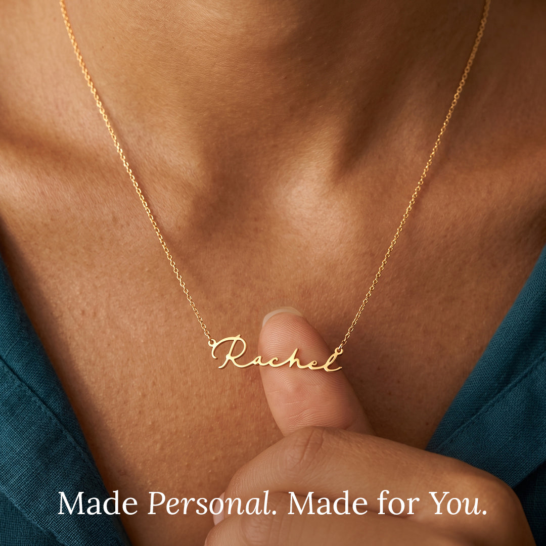 Gold necklace with 'Rachel' pendant on a person's neck, with text 'Made Personal. Made for You.'