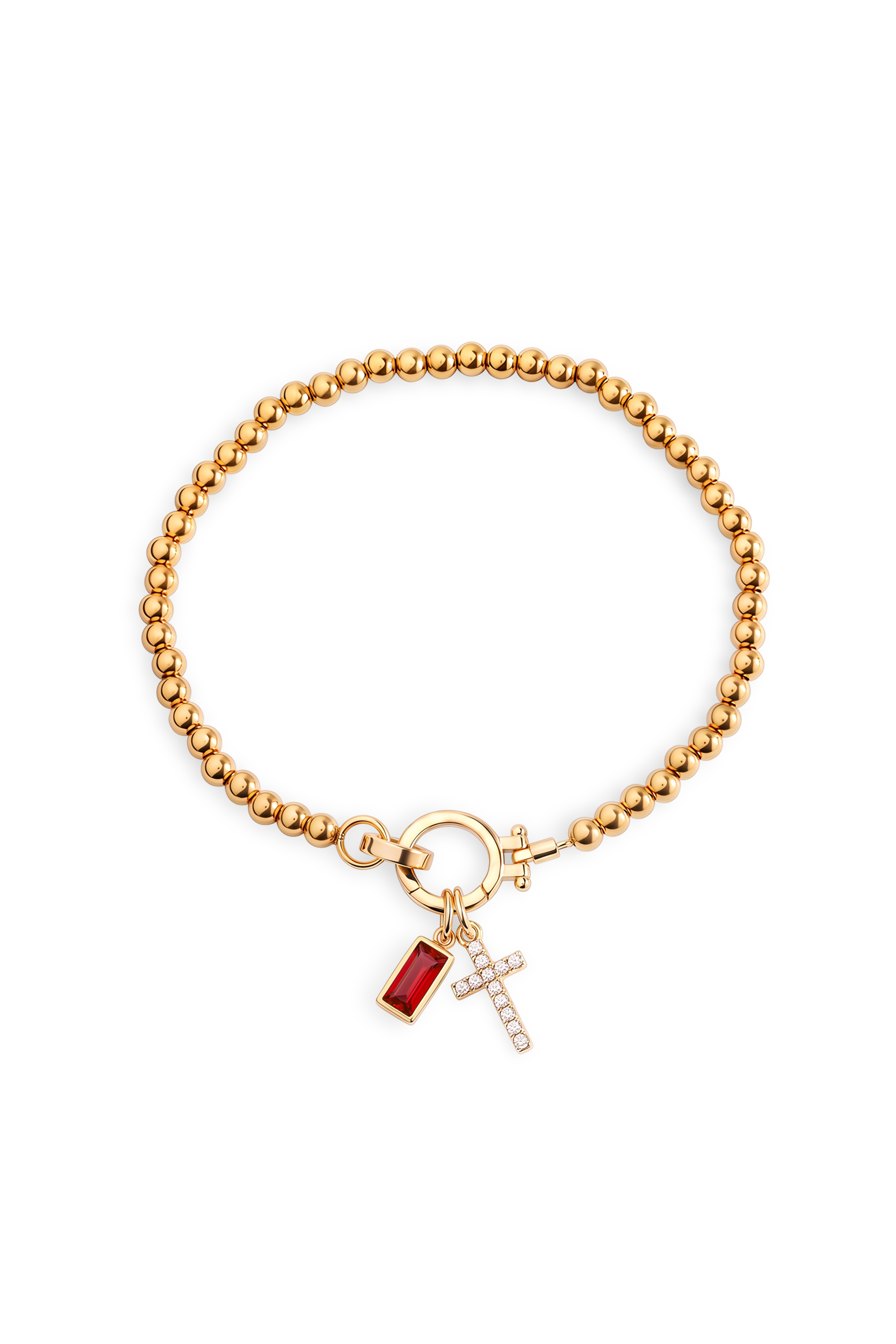 Cross Charm Birthstone Bracelet with gold beaded chain, cross charm and January garnet birthstone charm on a white background.
