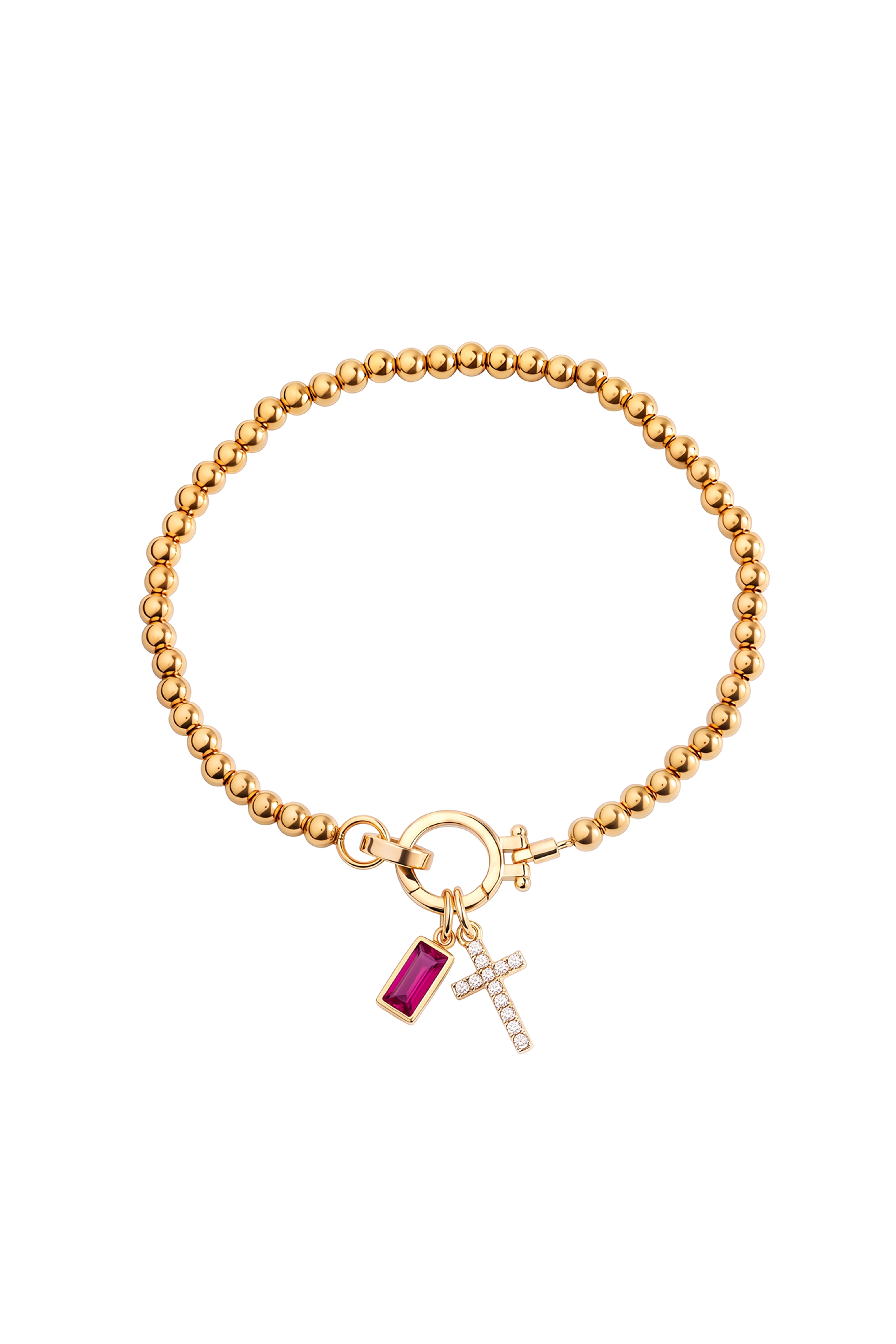 Cross Charm Birthstone Bracelet with gold beaded chain, cross charm and July ruby birthstone charm on a white background.