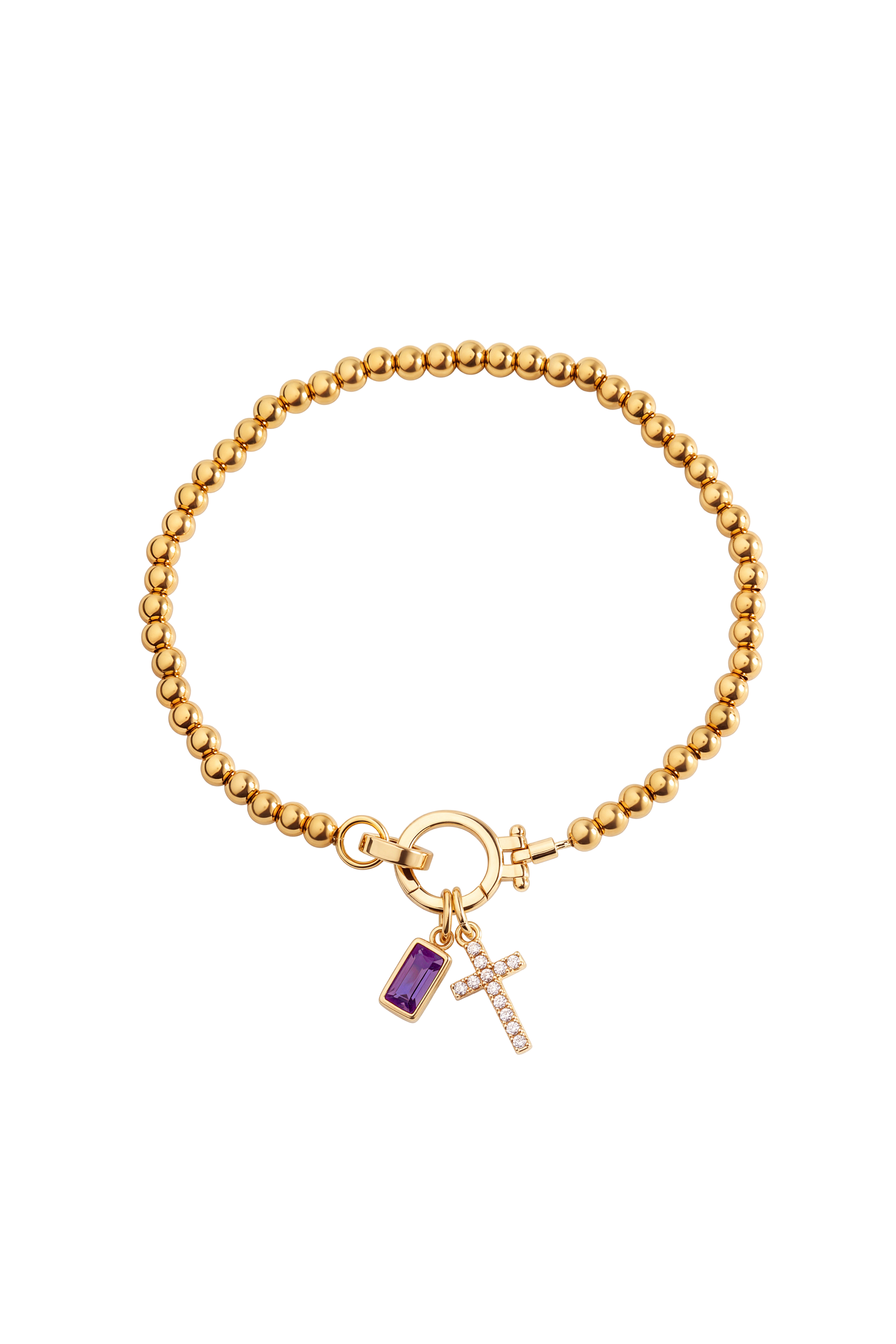 Cross Charm Birthstone Bracelet with gold beaded chain, cross charm and June alexandrite birthstone charm on a white background.