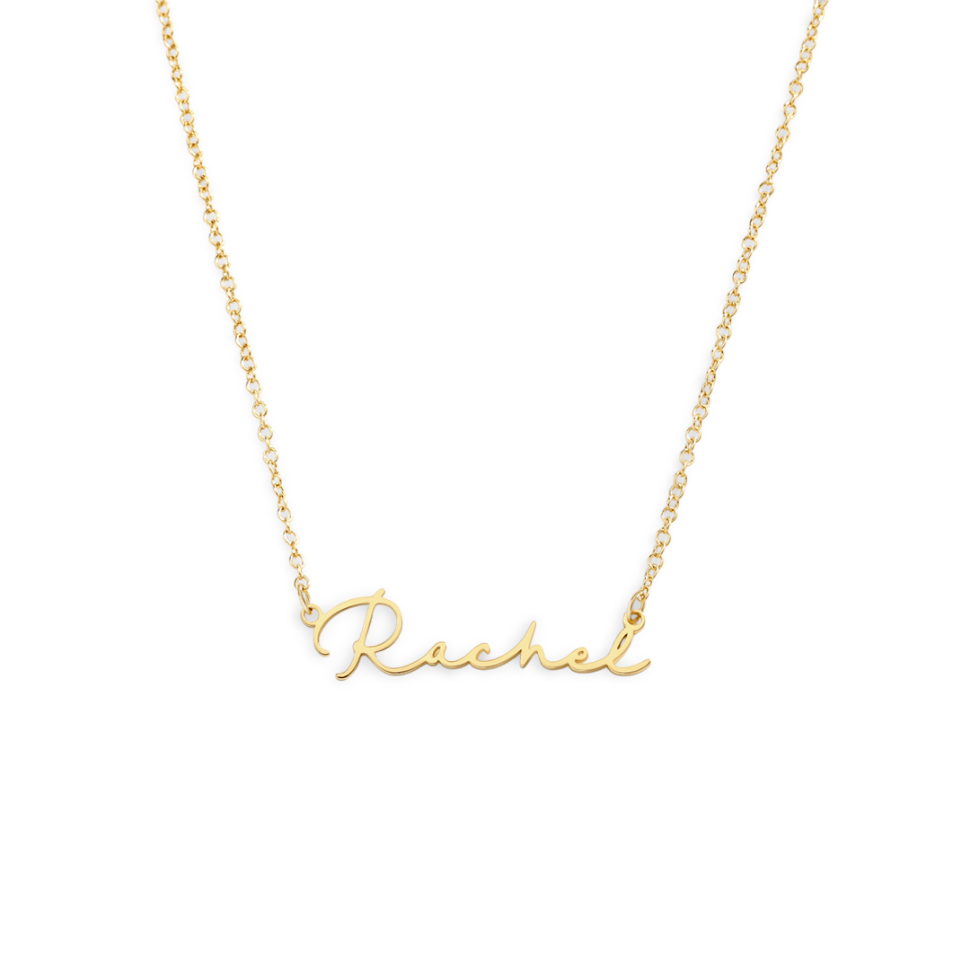 Gold necklace with 'Rachel' pendant on a white background