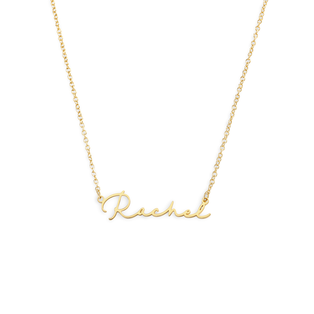 Gold necklace with 'Rachel' pendant on a white background