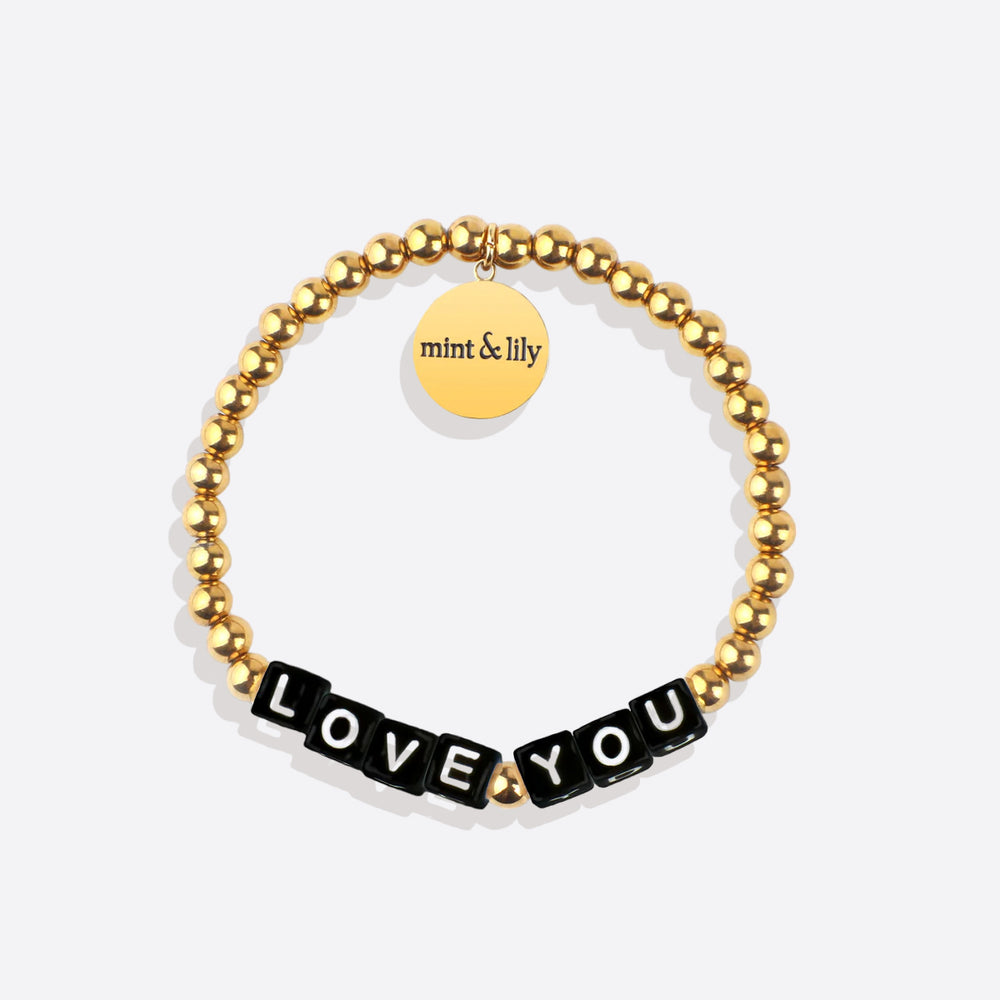 Custom Waterproof Gold Beaded Friendship Bracelet - Black Letter Beads / Medium - 7"
