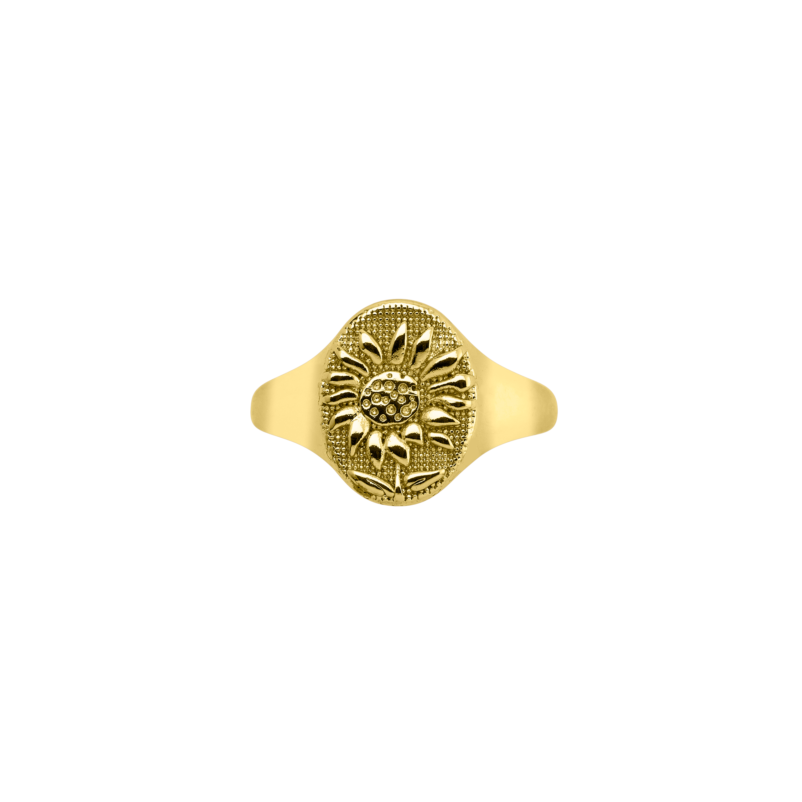 A gold-colored ring with a sunflower design