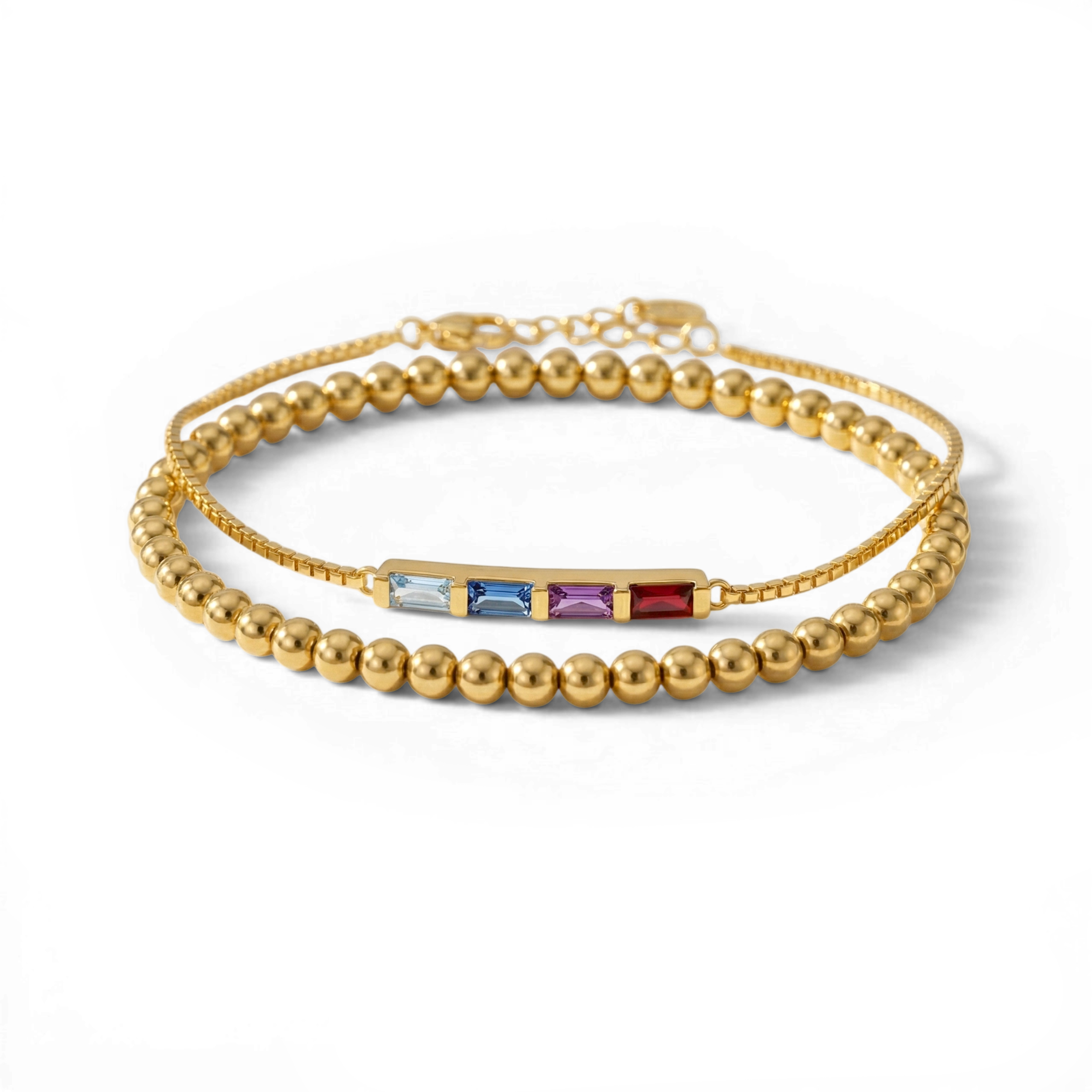 Dainty Baguette Birthstone Bracelet and Beaded Stacking Bracelet Set