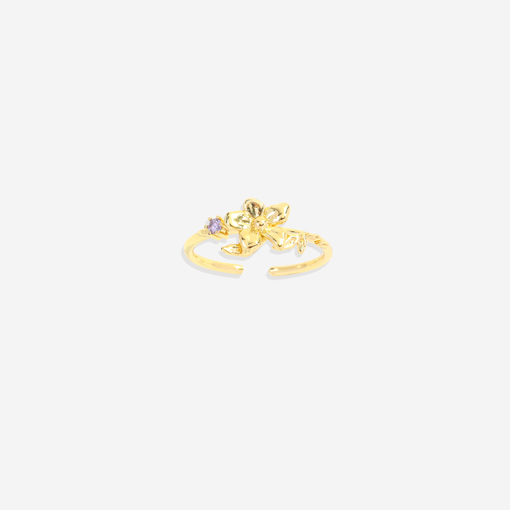 Dainty Gold Birth Flower Ring - February Iris