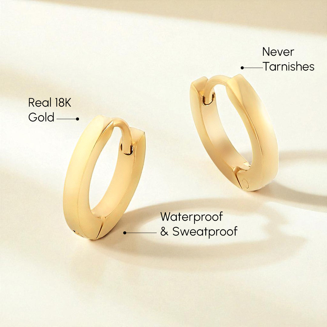 Gold hoop earrings on a beige background with text highlighting features.