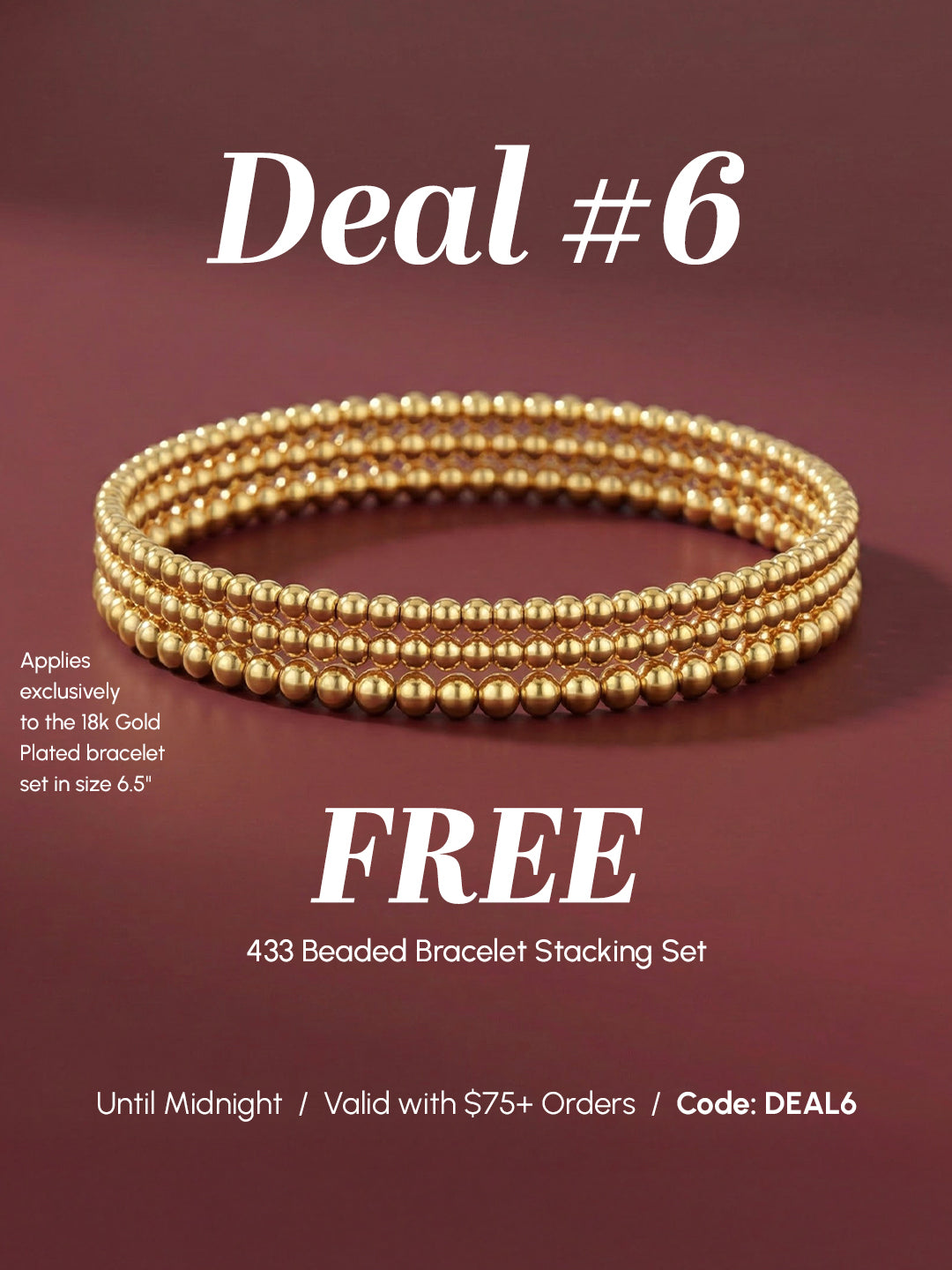 Gold beaded bracelet set on a red background with promotional text.