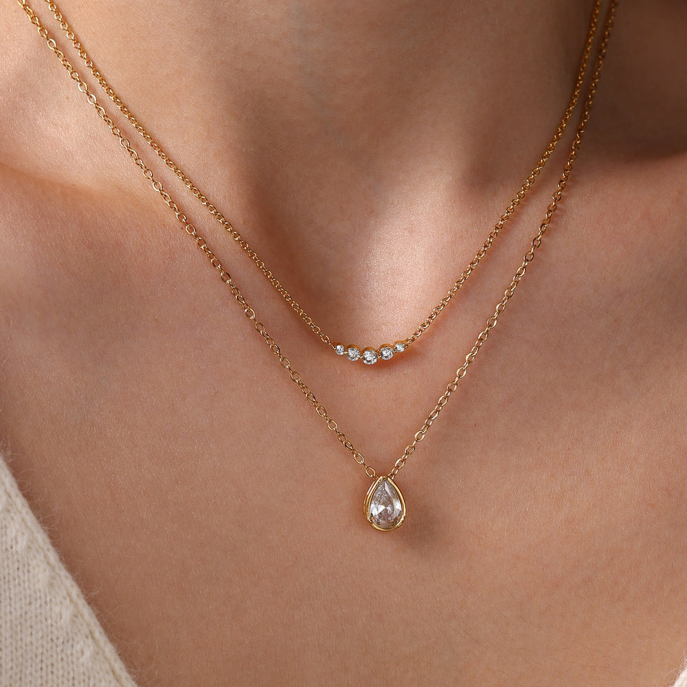 Diamond Teardrop & Mini Arc Necklace Stack - Gold / 16" + 2"