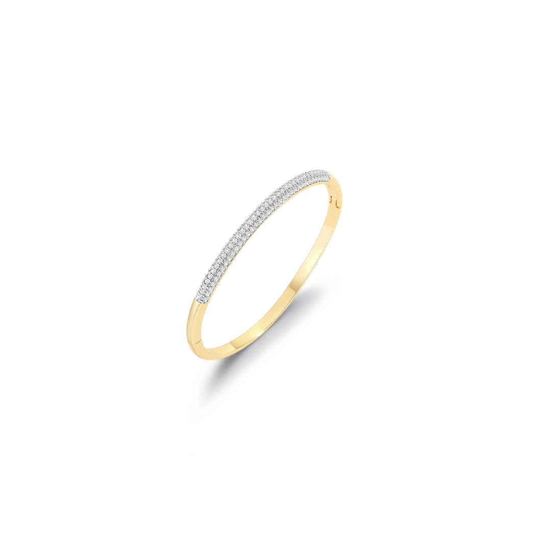 Gold ring with embedded diamonds on a white background