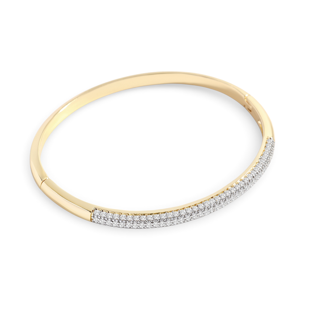Gold bracelet with embedded diamonds on a light gray background