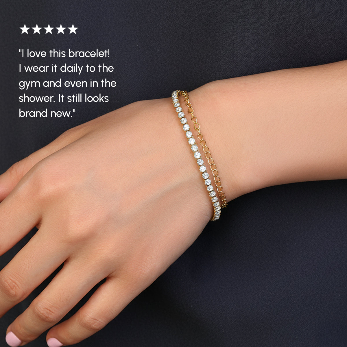 Gold bracelet on a wrist with a five-star rating and customer review text.
