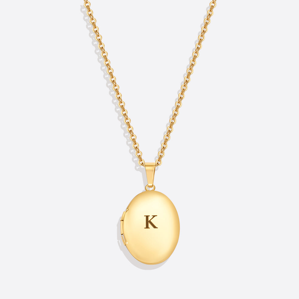 Engraved Oval Photo Locket Necklace - Gold