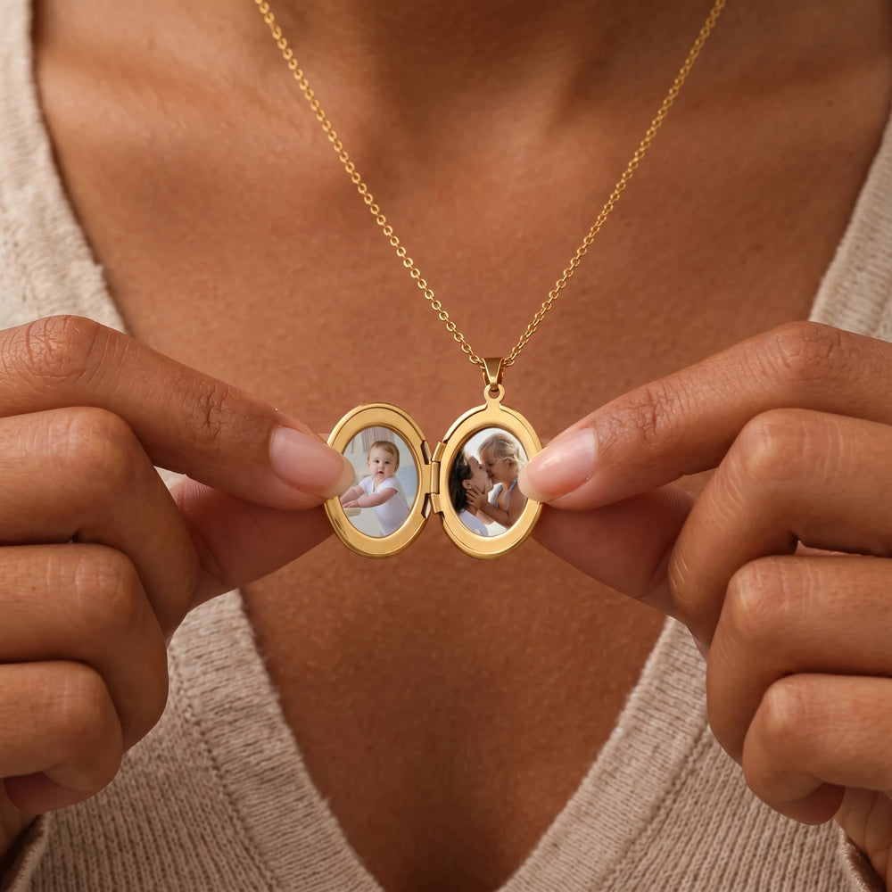 Engraved Oval Photo Locket Necklace - Gold