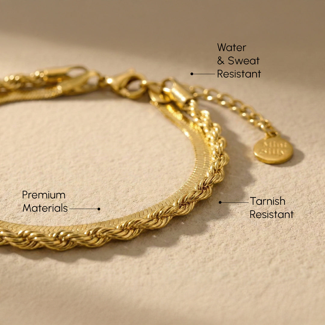Gold bracelet on a beige background with text indicating features like water and sweat resistance, premium materials, and tarnish resistance.