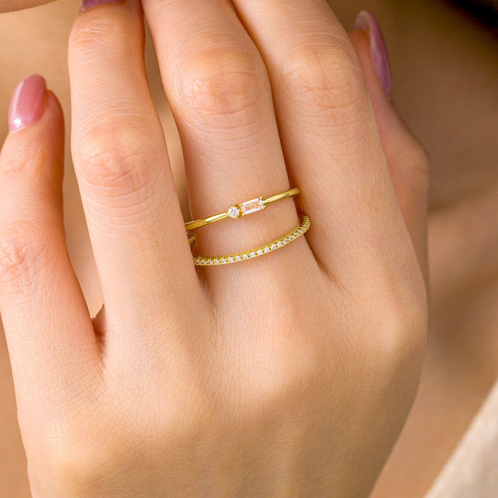 Eternity Diamond & Dainty Baguette Ring Stack - Gold / 7