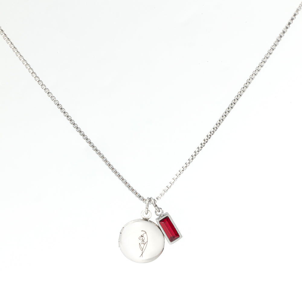 Family Birth Flower Locket Necklace with Birthstone - Silver / April Diamond