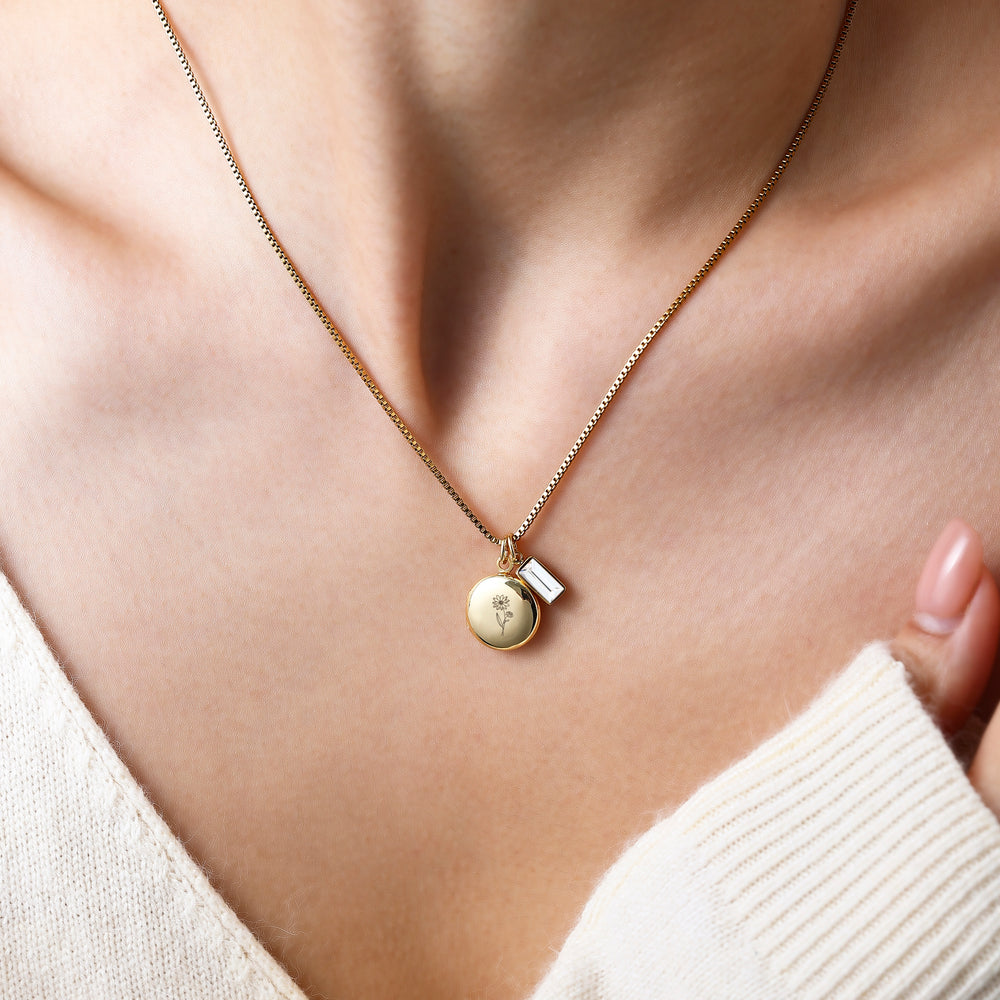 Family Birth Flower Locket Necklace with Birthstone - Gold / January Garnet