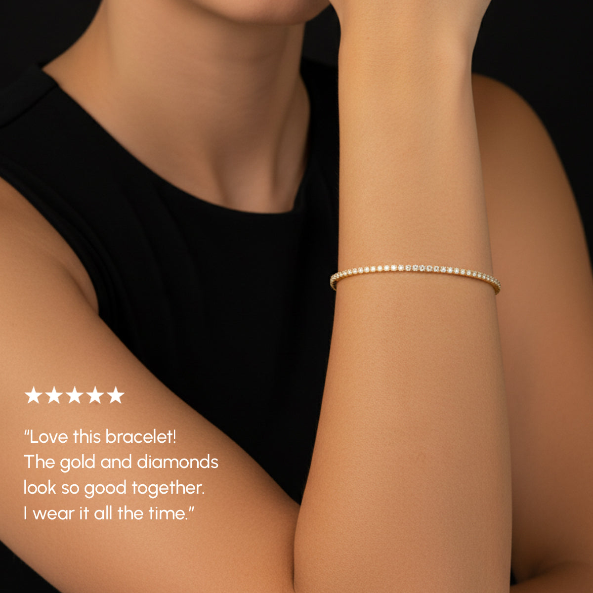 Person wearing a gold bracelet with a five-star rating text overlay.