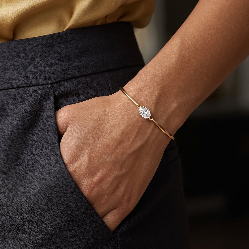 Oval Gemstone Cuff Bracelet - Gold / 6" + 2"