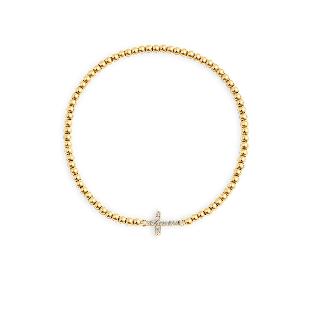 Gold Beaded Cross Stretch Bracelet - 18k Gold Plated / 7"
