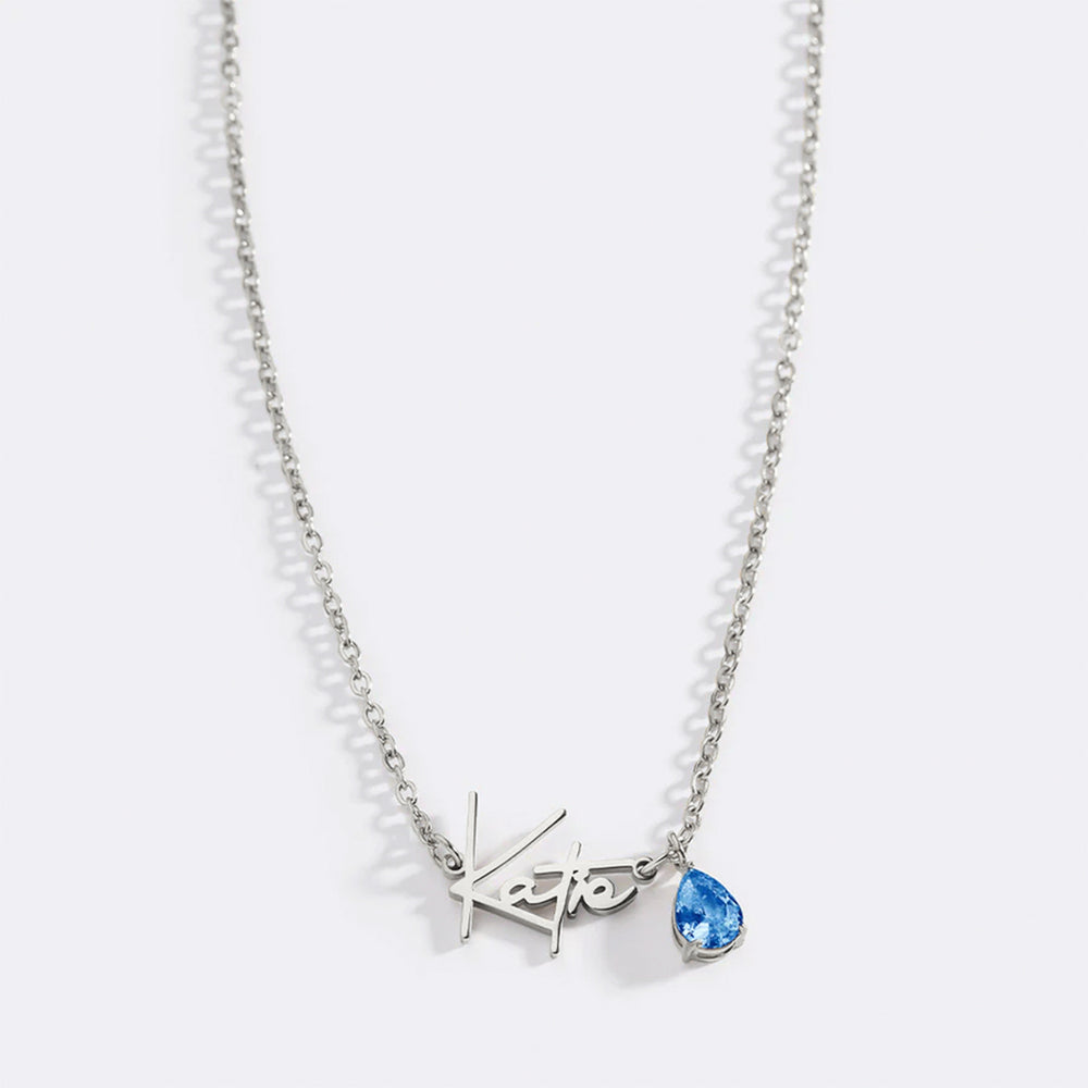 Handmade Birthstone Name Necklace - Silver / September Sapphire / 18" + 2"